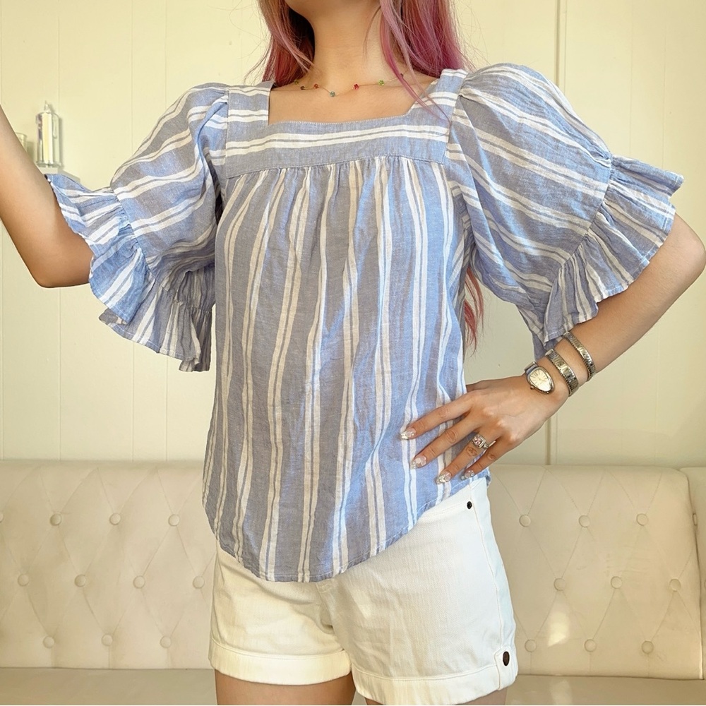 beachlunchlounge Striped Blue and White Blouse Cotton Linen Blend Natrual Fabric